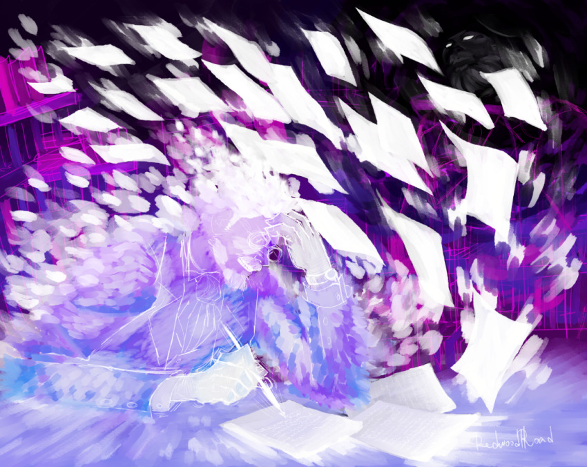 1boy angry artist_name ascot clenched_teeth disco_elysium hand_on_own_forehead holding holding_pen ignus_nilsen jacket male_focus paper pen purple_theme redwoodrroad round_eyewear sacred_and_terrible_air short_hair solo surreal symbolism teeth tool_much_paper white_hair