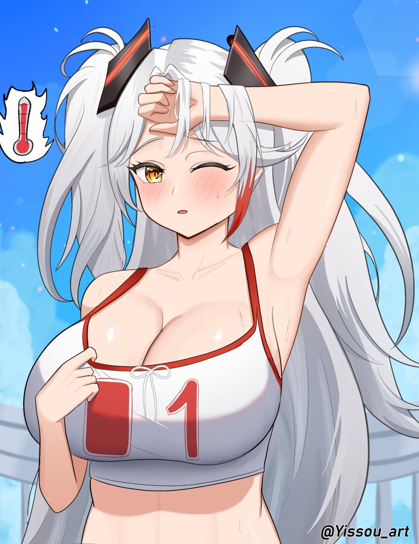 1girl absurdres azur_lane blush breasts highres hot large_breasts long_hair looking_at_viewer multicolored_hair open_mouth prinz_eugen_(azur_lane) prinz_eugen_(brilliant_touchdown)_(azur_lane) self-upload simple_background solo streaked_hair sweat twitter_username yissou_art