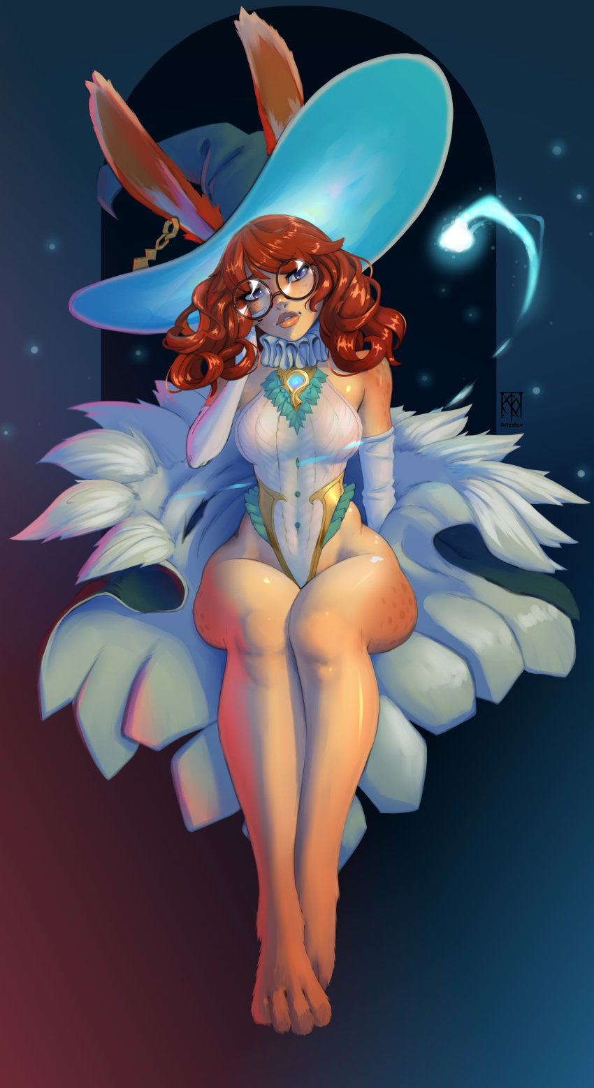 1girl absurdres animal_ears arteslav aurora_(league_of_legends) bare_shoulders barefoot blue_eyes blush breasts colorful_background covered_navel glasses grey_hat hat highres invisible_chair large_breasts league_of_legends looking_at_viewer medium_hair orange_hair rabbit_ears rabbit_girl round_eyewear shiny_skin sitting witch_hat