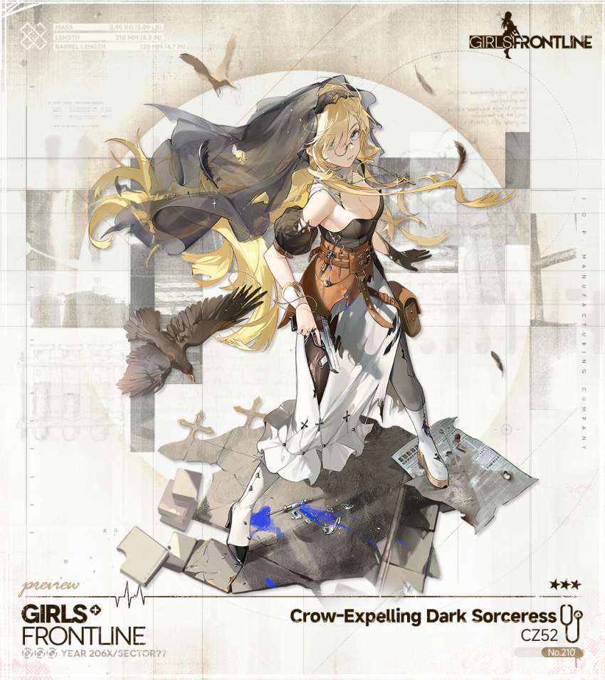 1girl asymmetrical_footwear belt_pouch bird black_corset black_gloves black_sleeves black_veil blonde_hair blue_eyes blue_liquid boots breasts broken_glass broken_ground brown_bag character_request cleavage closed_mouth collar commentary copyright_name corset cross cross_necklace crow cz52_(crow-expelling_dark_sorceress)_(girls&#039;_frontline) cz52_(girls&#039;_frontline) cz_52 detached_collar elbow_gloves english_commentary falling_feathers feathers full_body girls&#039;_frontline glass gloves gun hair_over_one_eye highres holding holding_gun holding_weapon jewelry knee_boots large_breasts long_hair long_skirt looking_at_viewer mole mole_under_eye monocle necklace newspaper official_alternate_costume official_art pouch promotional_art prosthesis prosthetic_leg second-party_source side_slit single_glove single_wrist_cuff skirt solo standing star_(symbol) stethoscope stone_floor surgical_scissors syringe tool_belt torn_clothes torn_corset torn_gloves torn_skirt torn_sleeves torn_veil trigger_discipline veil very_long_hair waist_bag weapon white_boots white_collar white_skirt white_wrist_cuffs wire wrist_cuffs xiao_chichi