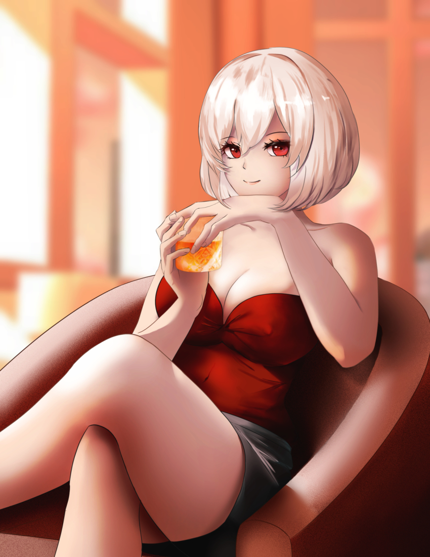 1girl alternate_costume armchair azur_lane bare_shoulders beefusteku black_skirt blurry blurry_background breasts chair cleavage closed_mouth collarbone commentary crop_top crossed_legs cup english_commentary feet_out_of_frame happy_new_year highres holding holding_cup large_breasts lips looking_at_viewer new_year red_eyes red_shirt shirt short_hair sirius_(azur_lane) sitting skirt smile solo thighs white_hair