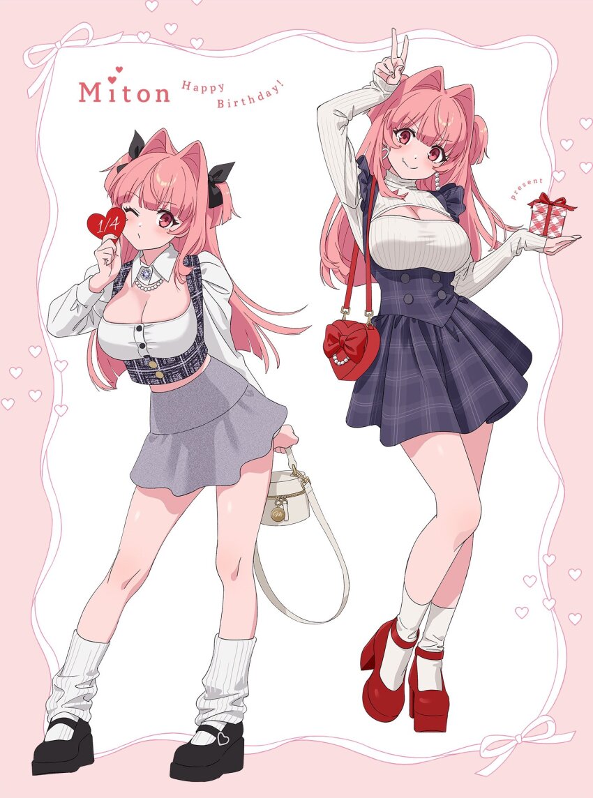 1girl ankle_socks arm_up bag black_bow black_shoes black_vest bow box breasts buttons character_name cleavage cleavage_cutout clothing_cutout detached_collar earrings framed_breasts gift gift_box grey_skirt hair_bow hair_intakes handbag happy_birthday heart-shaped_bag high-waist_skirt high_heels highres holding holding_gift jewelry large_breasts long_hair looking_at_viewer loose_socks mary_janes meme_attire midriff_peek miniskirt miton-chan_(miton_(turuyasann)) moya_(toatomoot) multiple_views necklace one_eye_closed open-chest_sweater original pearl_necklace pink_hair plaid_clothes plaid_skirt puckered_lips red_bag red_eyes red_shoes ribbed_sweater shirt shoes shoulder_bag skirt smile socks strappy_heels suspender_skirt suspenders sweater turtleneck turtleneck_sweater two_side_up underbust v vest white_bag white_shirt white_socks white_sweater