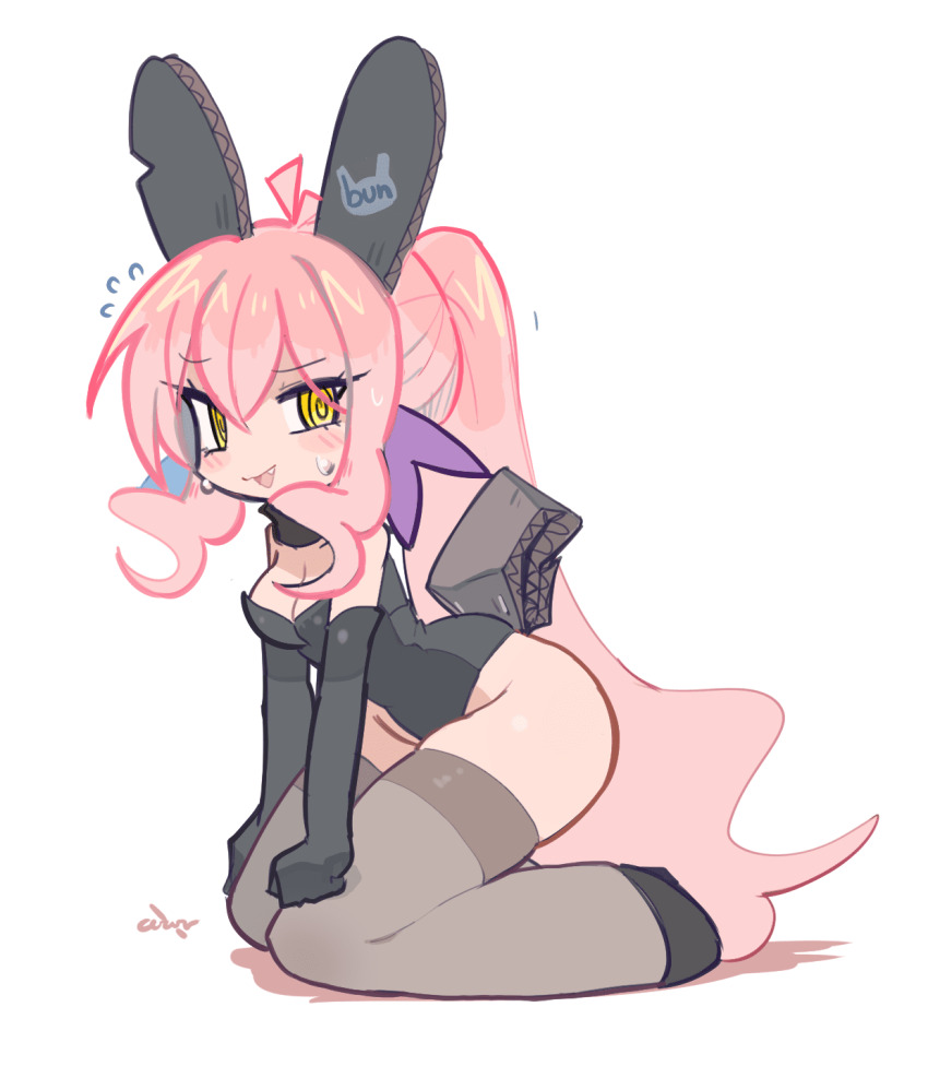 1girl @_@ animal_ears black_gloves black_leotard black_thighhighs cardboard ceroro commentary elbow_gloves flying_sweatdrops full_body gloves highres leotard long_hair nontraditional_playboy_bunny original pink_hair ponytail rabbit_ears rabbit_tail sidelocks signature solo strapless strapless_leotard sweat tail thighhighs very_long_hair yellow_eyes
