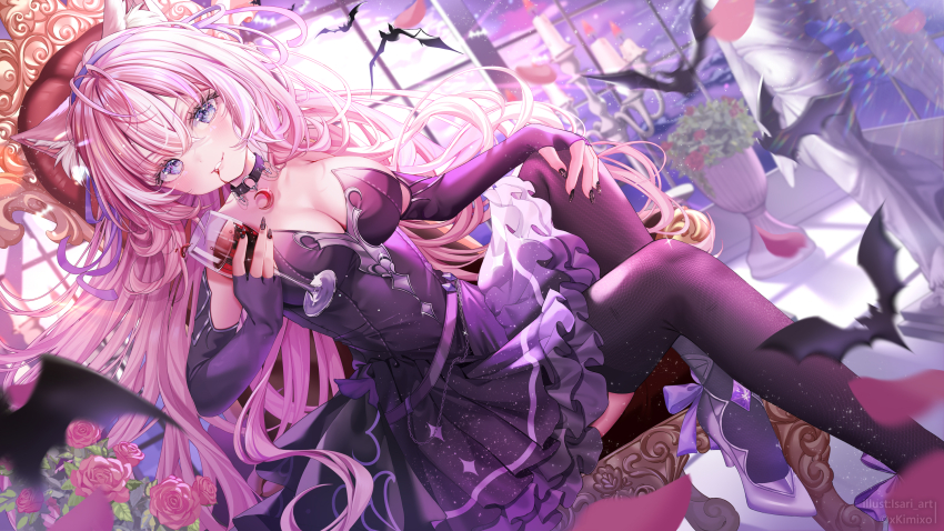 1girl ambiguous_red_liquid animal_ear_fluff animal_ears bat_(animal) belt black_choker black_dress black_gloves black_nails black_thighhighs breasts candle cat_ears cat_girl choker cleavage crescent cup dress drinking_glass elbow_gloves eyelashes fingerless_gloves flower gloves hair_ribbon hand_on_own_knee highres holding holding_cup indie_virtual_youtuber isari_sensei kimiko_(vtuber) large_breasts long_hair o-ring o-ring_choker parted_lips pink_flower pink_hair pink_rose purple_belt purple_eyes purple_ribbon ribbon rose sitting solo sparkle strapless strapless_dress thighhighs throne twitter_username virtual_youtuber window wine_glass