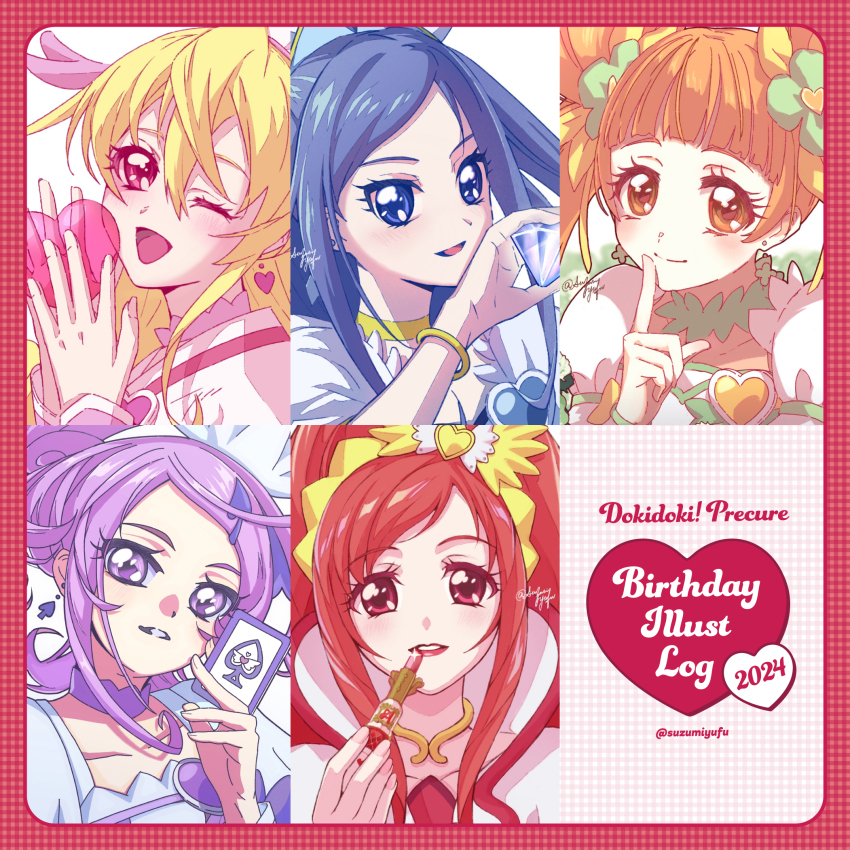 2024 5girls aida_mana blonde_hair blue_eyes blue_hair bow brooch brown_eyes brown_hair card_(medium) choker clover_earrings crown_bow cure_ace cure_diamond cure_heart cure_rosetta cure_sword diamond_hands dokidoki!_precure double_bun green_choker hair_bow hair_bun hair_ornament heart heart_brooch heart_hair_bun heart_hair_ornament high_ponytail highres hishikawa_rikka jewelry kenzaki_makoto lipstick long_hair looking_at_viewer madoka_aguri magical_girl makeup multiple_girls open_mouth pink_arm_warmers pink_eyes pink_sleeves ponytail precure purple_arm_warmers purple_choker purple_eyes purple_hair red_eyes red_hair short_hair smile spade_hair_ornament suzumi_yufu twintails upper_body waist_bow wrist_cuffs yotsuba_alice