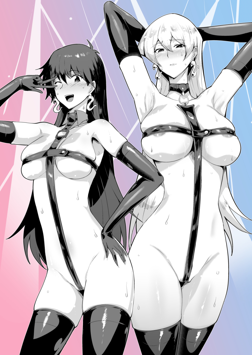 2girls armpits arms_behind_head arms_up black_hair blonde_hair blush breasts cleavage closed_mouth covered_erect_nipples covered_navel gloves hair_between_eyes hands_in_hair highres large_breasts long_hair looking_at_viewer medium_breasts multiple_girls navel open_mouth pantyhose sagattoru saotome_rei simple_background smile stomach sweat tenjouin_asuka thighs v v_over_eye yu-gi-oh! yu-gi-oh!_gx