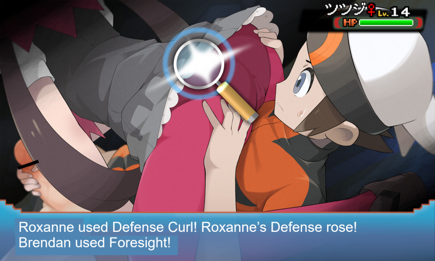 1boy 1girl bar_censor beanie brendan_(pokemon) brown_footwear brown_hair cameltoe censored closed_mouth dialogue_box dress frills grey_dress gym_leader handjob hat hetero highres indoors kim_da-yoon long_hair magnifying_glass nintendo pantyhose penis pokemon pokemon_gym pokemon_move pokemon_oras purple_pantyhose roxanne_(pokemon) shoes sweatdrop translated twintails