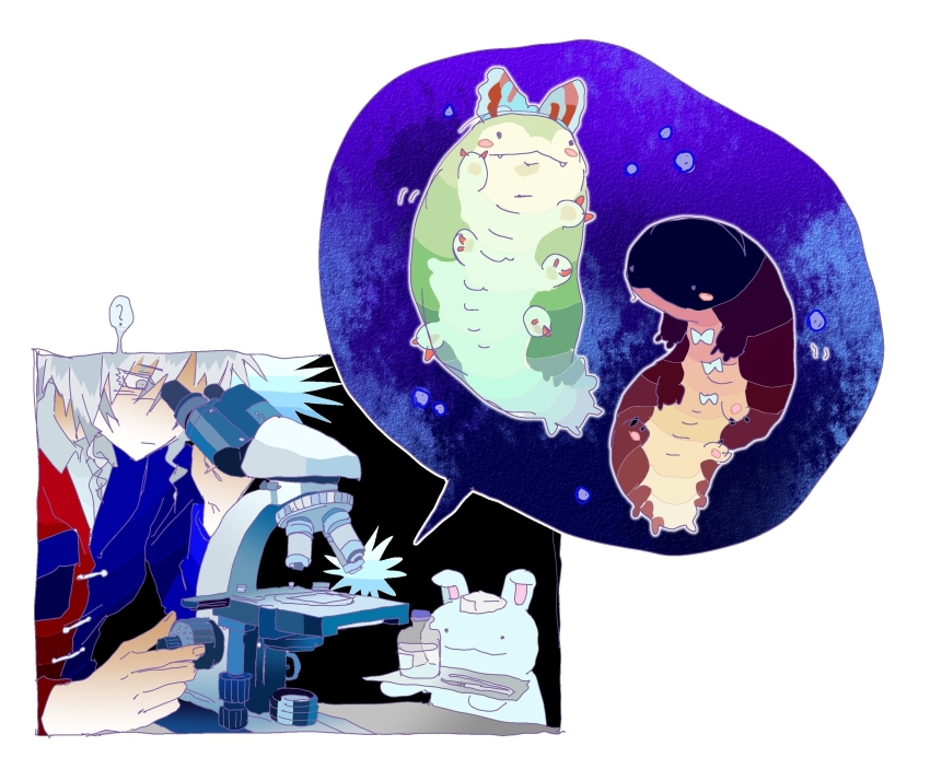 1girl :3 ? animalization blue_jacket bow chinese_commentary closed_mouth commentary_request fujiwara_no_mokou grey_hair highres houraisan_kaguya jacket knob long_sleeves microscope multicolored_jacket red_jacket shirt split-color_clothes spoken_question_mark tardigrade touhou tweezers two-tone_jacket white_bow white_shirt xiboliya_suanxing_shengwu yagokoro_eirin