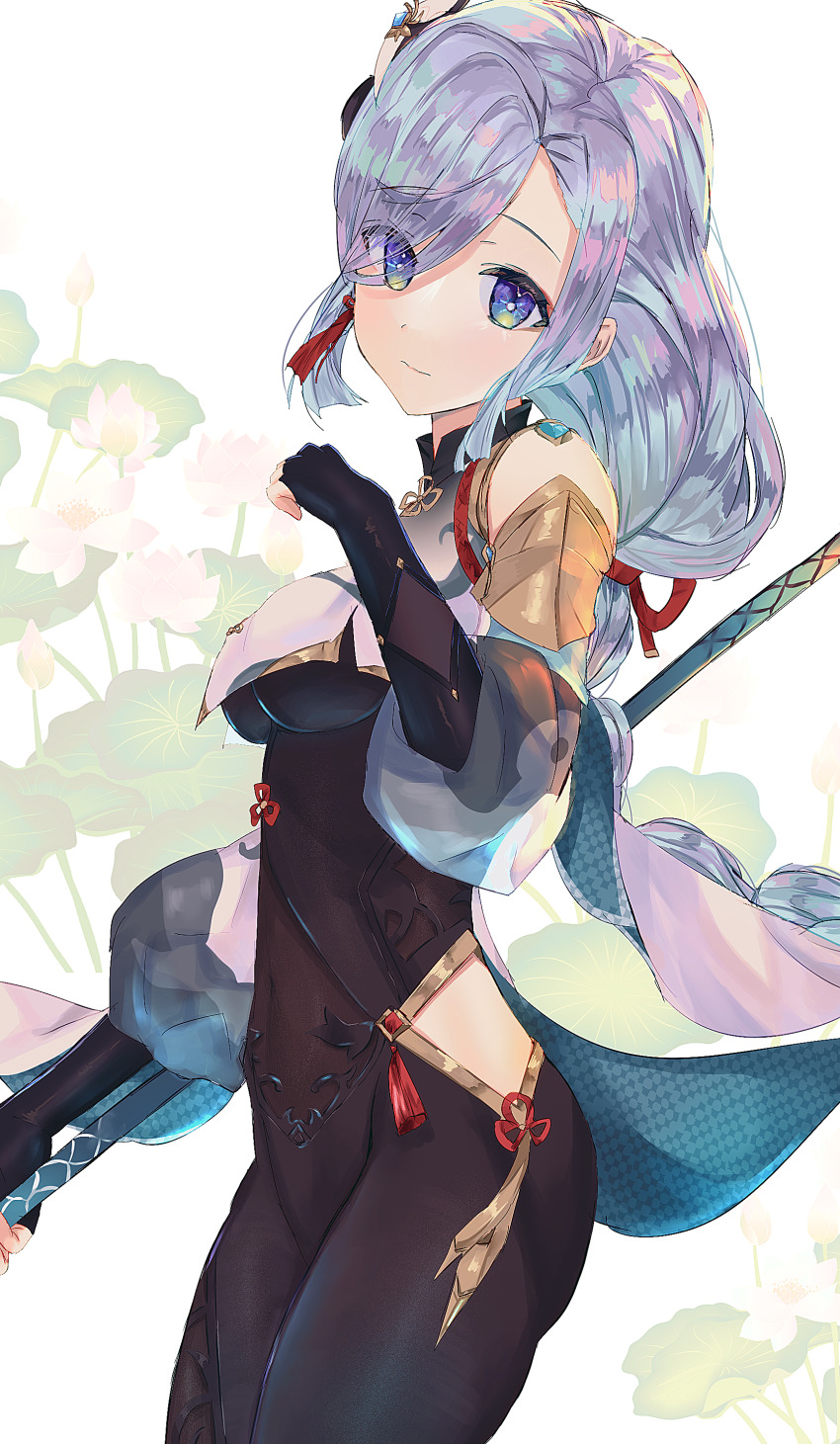 1girl absurdres black_bodysuit black_gloves bodysuit braid commentary_request detached_sleeves eyes_visible_through_hair flower from_side genshin_impact gloves grey_eyes grey_hair hair_ornament head_tilt highres holding holding_staff isuzu_(an_icy_cat) long_hair long_sleeves looking_at_viewer looking_to_the_side low_ponytail ponytail shenhe_(genshin_impact) sidelocks simple_background single_braid solo staff white_background