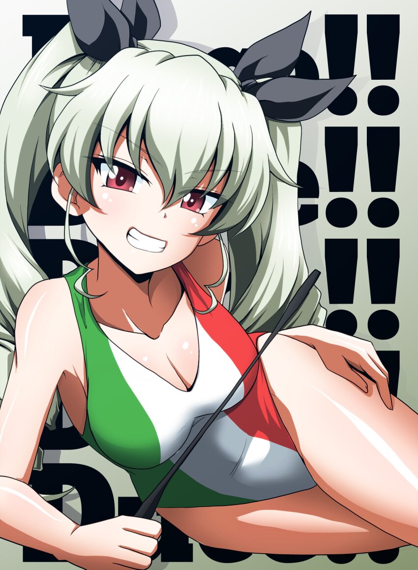 ! !! 1girl absurdres alternate_breast_size anchovy_(girls_und_panzer) arm_support artist_request bow breasts brown_eyes cleavage curvy drill_hair from_below girls_und_panzer green_background green_hair grin hair_bow hair_ribbon hand_on_own_hip highleg highleg_one-piece_swimsuit highres italian_text long_hair looking_at_viewer lying medium_breasts multicolored_swimsuit naughty_face on_side one-piece_swimsuit open_mouth ribbon shiny_skin smile solo swimsuit three-tone_swimsuit twin_drills white_one-piece_swimsuit wide_hips