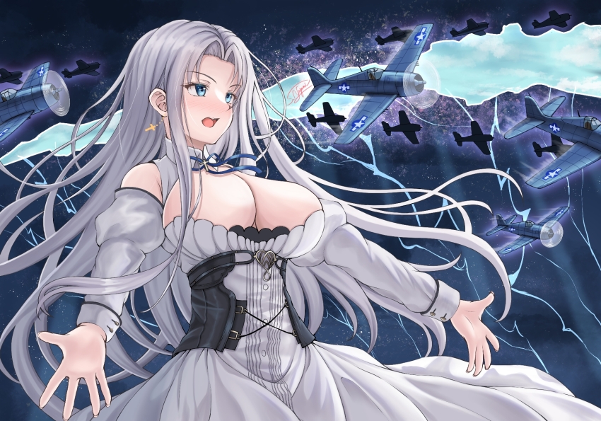 1girl aircraft airplane azur_lane bare_shoulders blue_eyes blue_ribbon breasts cleavage clothing_cutout collared_dress commentary_request cowboy_shot cross cross_earrings dress earrings highres jewelry large_breasts long_hair long_sleeves low_neckline military_vehicle neck_ribbon open_mouth parted_bangs propeller_fighter ribbon shoulder_cutout signature solo standing white_dress white_hair yagamin258 yorktown_(azur_lane) yorktown_ii_(azur_lane)