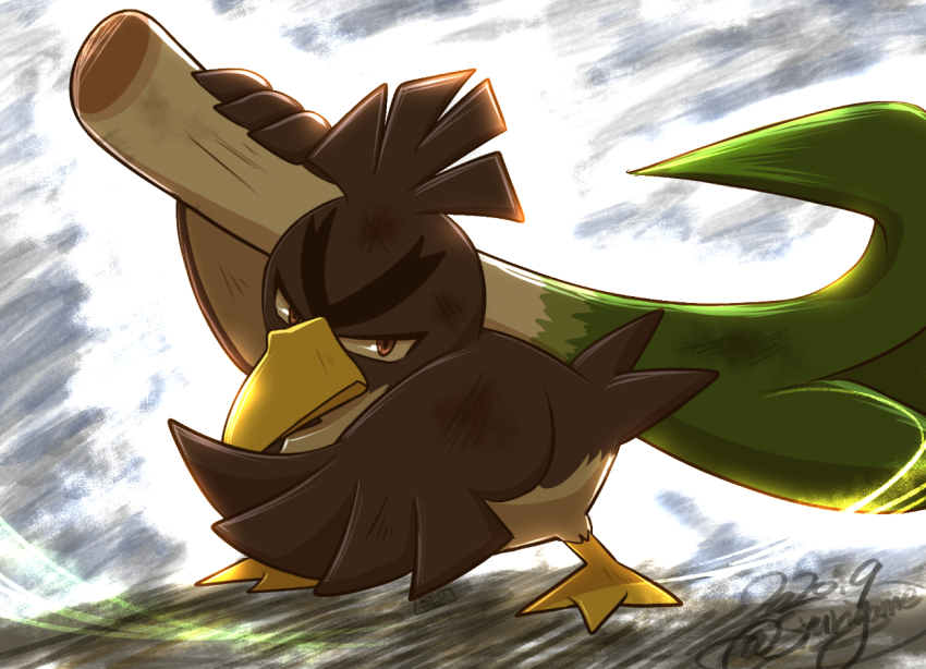 bird brown_eyes closed_mouth dirty duck dust fighting_stance food full_body galarian_farfetch&#039;d galarian_form gen_8_pokemon holding holding_food holding_vegetable looking_at_viewer nintendo no_humans over_shoulder pokemon pokemon_(creature) shuri_(syurigame) solo spring_onion thick_eyebrows v-shaped_eyebrows vegetable