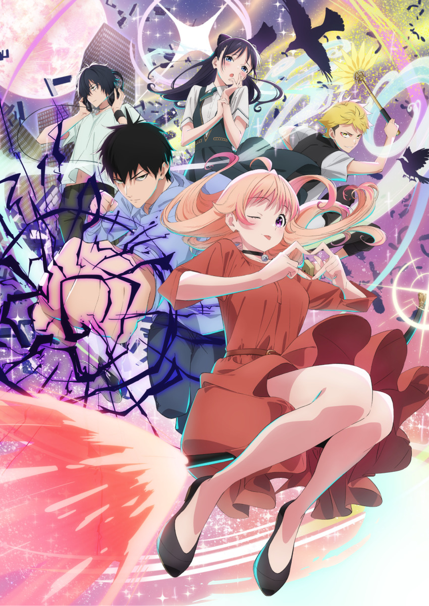 2girls 3boys absurdres artist_request bare_legs bell bird black_hair blonde_hair blue_eyes blush broom broom_riding choker dress hand_fan headphones headphones_around_neck heart heart_hands highres kazamatsuri_kanshi long_hair looking_at_viewer magami_keigo miyao_nemu moon multiple_boys multiple_girls neck_bell official_art one_eye_closed otogi_morihito pink_hair promotional_art red_dress red_eyes shirt short_hair short_sleeves sidelocks skirt tongue tongue_out wakatsuki_niko white_shirt witch_watch