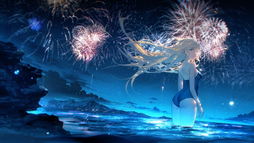 1girl aerial_fireworks ass blonde_hair blue_eyes blue_one-piece_swimsuit breasts commentary_request fireworks highres kofune_ushio long_hair looking_ahead looking_back medium_breasts mountain night night_sky ocean one-piece_swimsuit outdoors sky solo summertime_render swimsuit tidsean wading