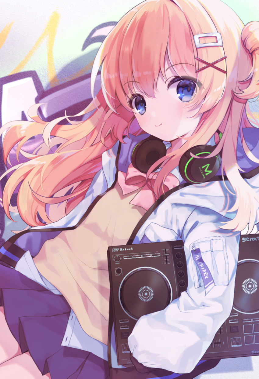 1girl absurdres blonde_hair blue_eyes blush bow bowtie closed_mouth commentary_request dj hair_between_eyes headphones headphones_around_neck highres holding jacket moeko_(moeko0903) open_clothes open_jacket original phonograph pink_bow pink_bowtie pleated_skirt purple_skirt skirt sleeves_past_wrists smile solo turntable white_jacket