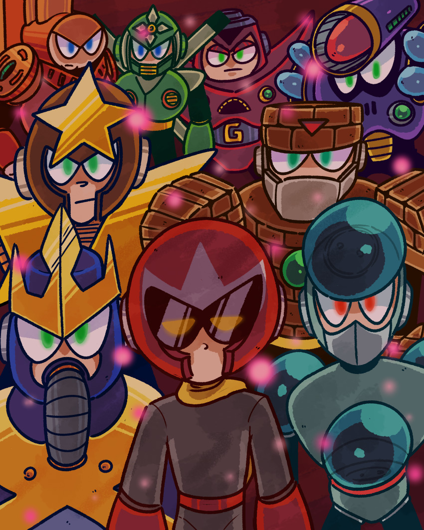 absurdres armor capcom charge_man crystal_man dark_man glowing glowing_eyes gravity_man gyro_man helmet highres looking_at_viewer male_focus mega_man_(classic) mega_man_(series) mega_man_5 napalm_man robot robot_ears standing star_man_(mega_man) stone_man sunglasses wave_man yellow_eyes