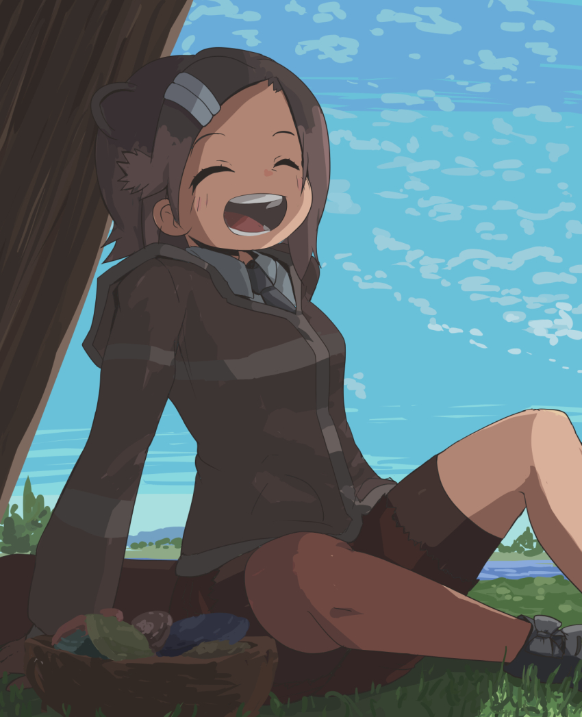 1girl animal_ears basket beaver_ears beaver_tail bike_shorts bike_shorts_under_shorts black_hair black_necktie black_shoes blush brown_hair brown_shorts brown_sweater closed_eyes collared_shirt eurasian_beaver_(kemono_friends) grey_shirt hair_ornament hairclip hane_(kirschbaum) highres japari_symbol kemono_friends long_sleeves multicolored_hair necktie open_mouth shirt shoes short_hair short_shorts shorts sitting smile solo sweater tail
