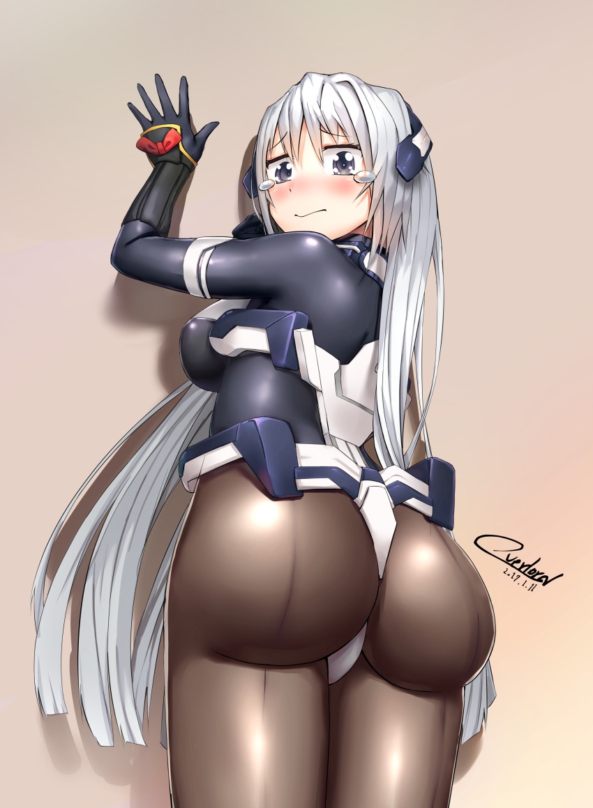 1girl absurdres against_wall armor ass blue_eyes blush bodysuit breasts curvy embarrassed female_focus from_behind gloves headgear highres hip_focus horizon_ariadust kyoukaisenjou_no_horizon long_hair looking_at_viewer looking_back medium_breasts overlord_(overlord80000) pantyhose shiny_clothes sideboob silver_hair solo teardrop tears thick_thighs thighs very_long_hair wide_hips