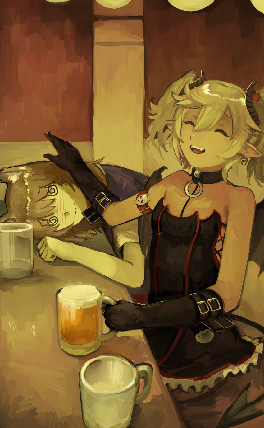 2girls @_@ absurdres aqua_(haremon) armband bar_(place) bat_wings beer_mug belt black_gloves black_horns black_wings breasts cat closed_eyes commission criss-cross_strings cup demon_girl demon_horns demon_tail dress dress_shirt drunk earrings flipped_hair frilled_skirt frills gloves hair_bobbles hair_ornament haremon highres horns jewelry kornod laughing medium_hair messy_hair mini_wings mug multiple_girls non-web_source official_costume open_mouth petite pointy_ears purple_sweater_vest red_trim shirt short_sleeves skirt skull_earrings sleeveless sleeveless_dress small_breasts smile strapless strapless_dress sweater_vest tail too_many too_many_belts tube_dress twintails vex_(haremon) white_hair wings