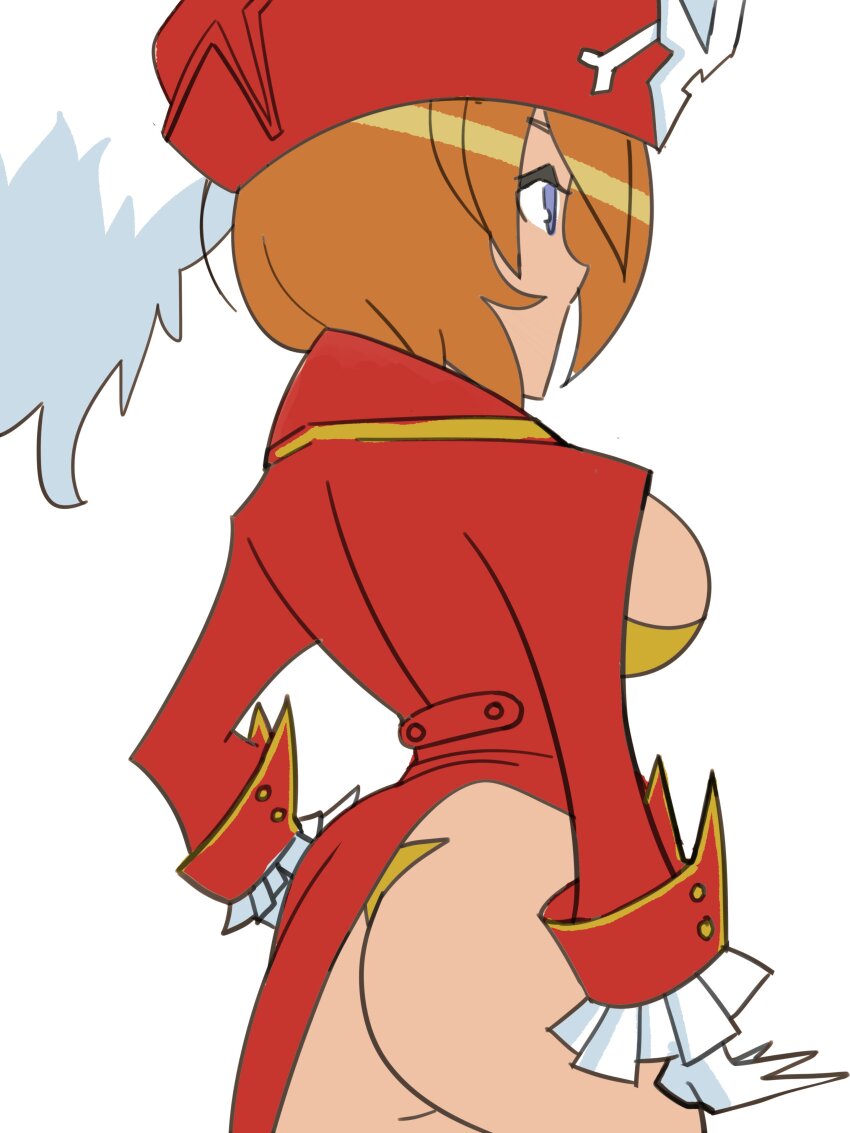 1girl absurdres ass blue_eyes breasts ch4d85 hat highres huge_ass lalaco_godspeed large_breasts orange_hair pirate pirate_costume pirate_hat sideboob solo uchuu_patrol_luluco white_background