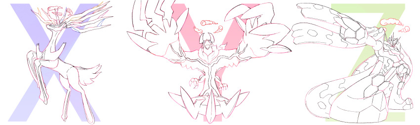 absurdres antlers claws cloud dynamax ewokakukaede full_body gen_6_pokemon highres horns legendary_pokemon monochrome nintendo no_humans open_mouth outstretched_arm pokemon pokemon_(creature) pokemon_focus simple_background spot_color talons white_background wings xerneas yveltal zygarde zygarde_(complete)