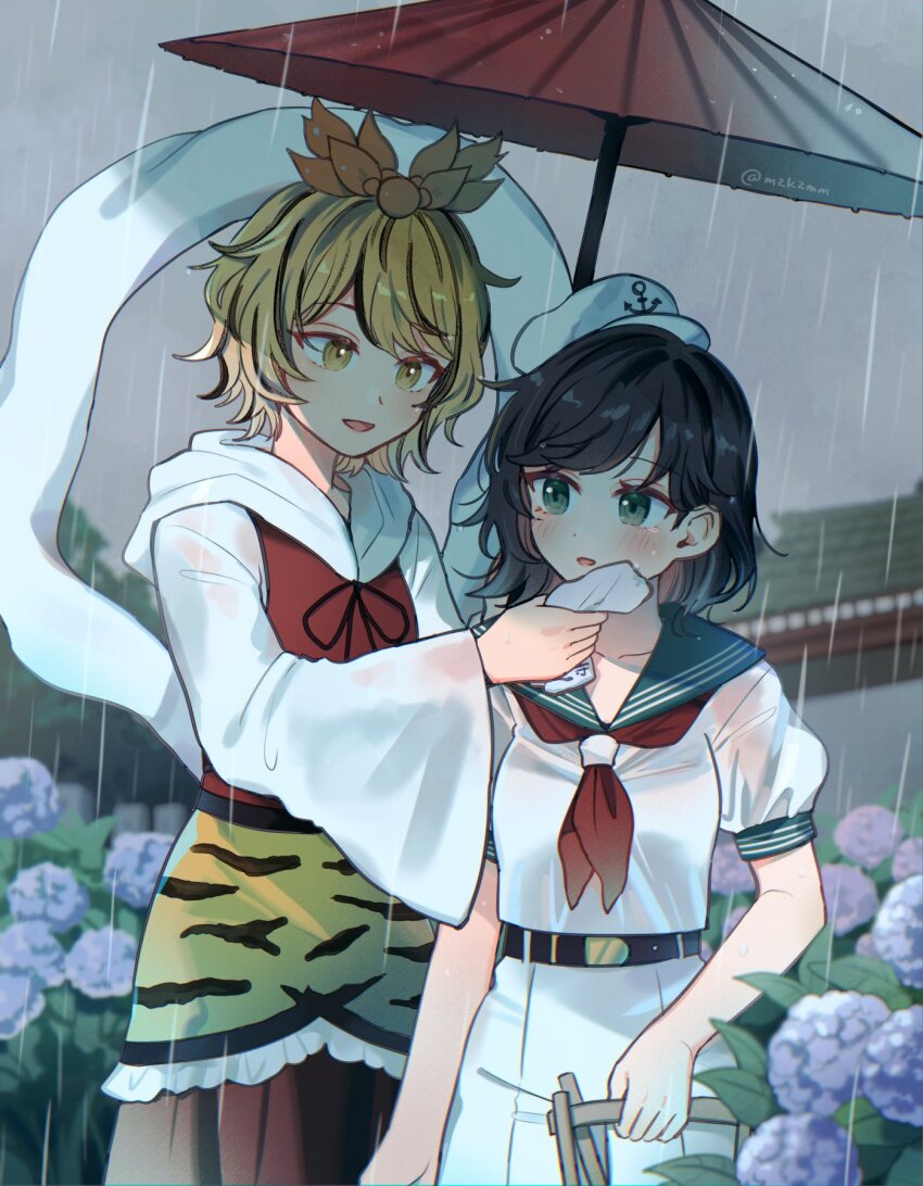 2girls anchor_symbol animal_print black_hair blonde_hair commentary_request commission dress flower green_eyes green_sailor_collar hagoromo hair_ornament hat highres holding holding_towel holding_umbrella hydrangea long_sleeves mozukuzu_(manukedori) multicolored_hair multiple_girls murasa_minamitsu neckerchief open_mouth outdoors overcast pants puffy_short_sleeves puffy_sleeves purple_flower rain red_dress red_neckerchief red_umbrella sailor_collar sailor_hat shawl shirt short_hair short_sleeves skeb_commission sky streaked_hair tiger_print toramaru_shou touhou towel twitter_username umbrella white_hat white_pants white_shirt wide_sleeves wiping yellow_eyes
