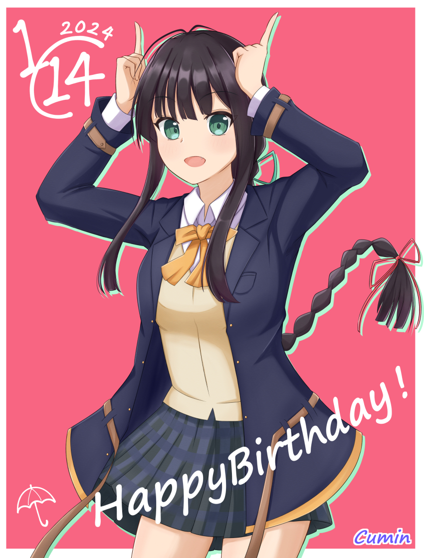 1girl 22/7 absurdres artist_name black_hair black_jacket black_skirt border bow bowtie braid braided_ponytail cardigan collared_shirt cowboy_shot dated green_eyes green_ribbon hair_ribbon happy_birthday highres horns_pose index_finger_raised jacket long_hair looking_at_viewer open_clothes open_jacket open_mouth outside_border pink_background plaid_clothes plaid_skirt pleated_skirt red_ribbon ribbon school_uniform shirt sidelocks skirt solo standing takumitu_711 white_border white_shirt yagami_toa yellow_bow yellow_bowtie yellow_cardigan