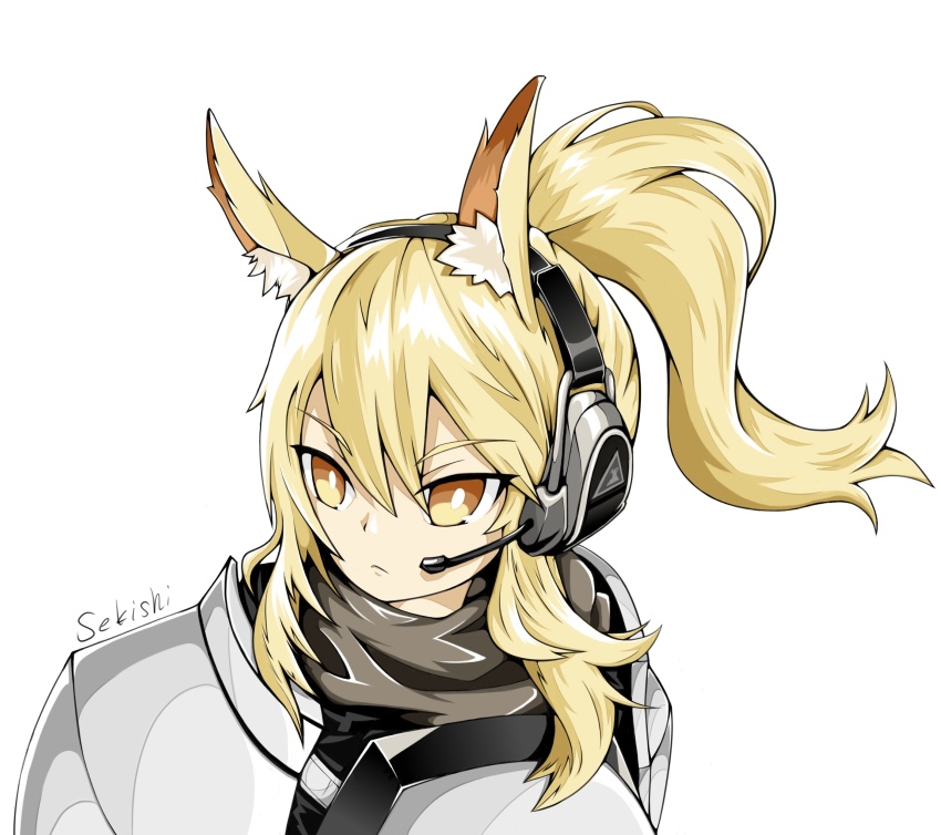 1girl absurdres animal_ear_fluff animal_ears arknights artist_name blonde_hair closed_mouth commentary_request double-parted_bangs hair_between_eyes headphones headset highres horse_ears horse_girl long_hair looking_ahead microphone nearl_(arknights) ponytail sekishi simple_background solo upper_body white_background yellow_eyes