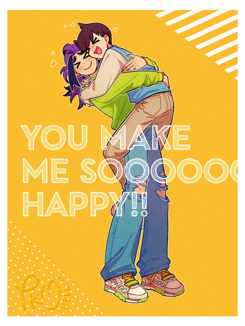 &gt;_&lt; 2boys :d alternate_costume black_hair blue_vest border brown_hair carrying closed_eyes closed_mouth commentary english_text fang florian_(pokemon) green_shirt happy heart highres hug kieran_(pokemon) long_sleeves male_focus multicolored_hair multiple_boys nintendo open_mouth pants pokemon pokemon_sv purple_hair shirt shoes short_hair smile submashell torn_clothes torn_pants two-tone_hair vest white_border