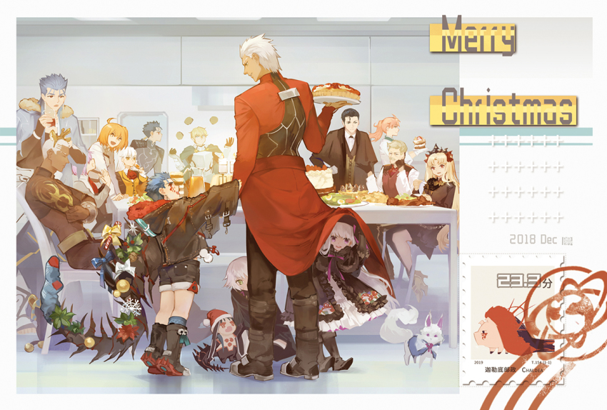 5girls 6+boys animalization archer_(fate) armor banquet black_santa_costume blonde_hair cake cape christmas cu_chulainn_(caster)_(fate) cu_chulainn_(fate) cu_chulainn_(fate/stay_night) cu_chulainn_alter_(fate) cu_chulainn_alter_(fate/grand_order) dated dual_persona emiya_alter ereshkigal_(fate) ereshkigal_(third_ascension)_(fate) fate/extra fate/stay_night fate_(series) food fou_(fate) fujimaru_ritsuka_(female) gawain_(fate) guttia hat hiding hood hood_down jack_the_ripper_(fate/apocrypha) james_moriarty_(archer)_(fate) juggling mini_cu-chan_(fate) multiple_boys multiple_girls multiple_persona nursery_rhyme_(fate) olga_marie_animusphere pie pig postcard postcard_(medium) romani_archaman santa_costume santa_hat sherlock_holmes_(fate) tail white_hair