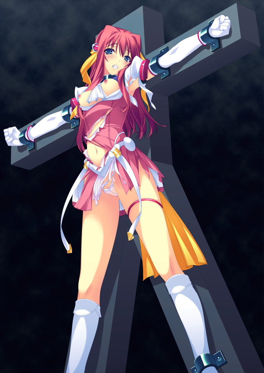 00s 1girl bdsm blue_eyes blush bondage boots bound breasts choukou_(alicesoft) choukou_tenshi_escalayer clenched_hand clenched_teeth crucifixion elbow_gloves escalayer female_focus gloves highres knee_boots kouenji_sayuka long_hair looking_at_viewer murakami_suigun navel night nipples panties pink_hair restrained scared solo spread_eagle_position stationary_restraints striped_blush teeth thigh_strap torn_clothes underwear white_panties