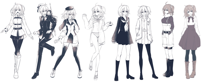 1boy 1girl absurdres ahoge artoria_pendragon_(fate) belt belt_buckle bikini boots bow bowtie buckle command_spell commentary_request cu_chulainn_(fate) cu_chulainn_(fate/stay_night) cu_chulainn_alter_(fate/grand_order) dress fate/grand_order fate_(series) formal_clothes frown fujimaru_ritsuka_(female) fujimaru_ritsuka_(female)_(anniversary_blonde) fujimaru_ritsuka_(female)_(brilliant_summer) fujimaru_ritsuka_(female)_(royal_brand) fujimaru_ritsuka_(female)_(true_ether_chaldea_uniform) full_body greyscale hair_between_eyes hat highres kneehighs long_sleeves looking_at_another looking_at_viewer midriff mini_cu-chan_(fate) monochrome multiple_views navel official_alternate_costume open_mouth pantyhose polearm ponytail redrabbit44 saber_(fate) sandals school_uniform shorts side_ponytail skirt smile socks spear standing suit swimsuit teeth thighhighs weapon zettai_ryouiki
