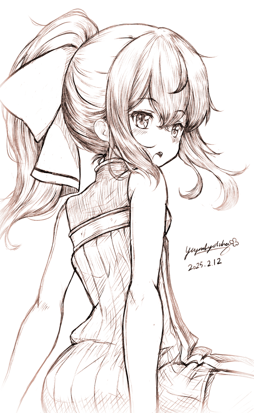 1girl :o absurdres bow dated delthea_(fire_emblem) dress fang fire_emblem fire_emblem_echoes:_shadows_of_valentia from_behind hair_between_eyes hair_bow highres long_hair looking_at_viewer looking_back monochrome nintendo open_mouth signature sleeveless sleeveless_dress solo white_background yuyumi_(yuurei)