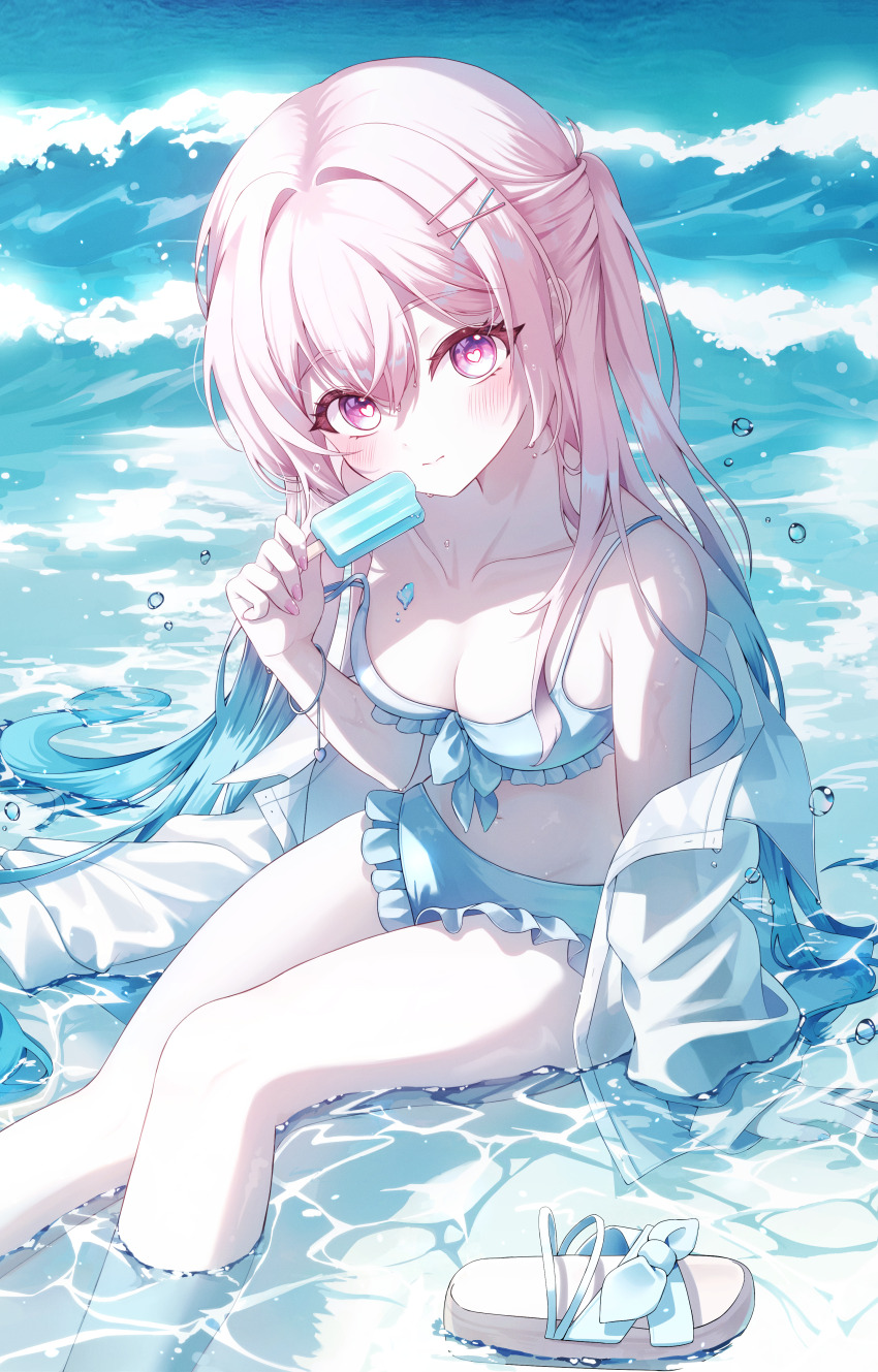 1girl absurdres bare_shoulders blue_bra blue_hair blue_panties blush bra breasts coat collarbone feet_out_of_frame food frilled_panties frills gradient_hair head_tilt highres hoyo_illust ice_cream large_breasts long_hair looking_at_viewer looking_to_the_side multicolored_hair ocean off_shoulder on_water original outdoors panties pantyhose pink_eyes pink_hair shoes sitting sitting_on_water smile solo stomach thighs two-tone_hair underwear unworn_shoes waves white_pantyhose