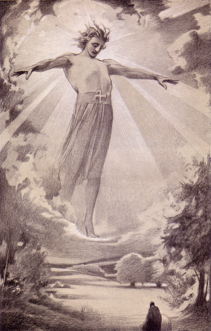 2boys belt closed_eyes cloud giant graphite_(medium) greyscale highres light_rays ludwig_fahrenkrog monochrome multiple_boys nature original outstretched_arms robe scenery sky spread_arms standing sunlight swastika topless_male traditional_media tree