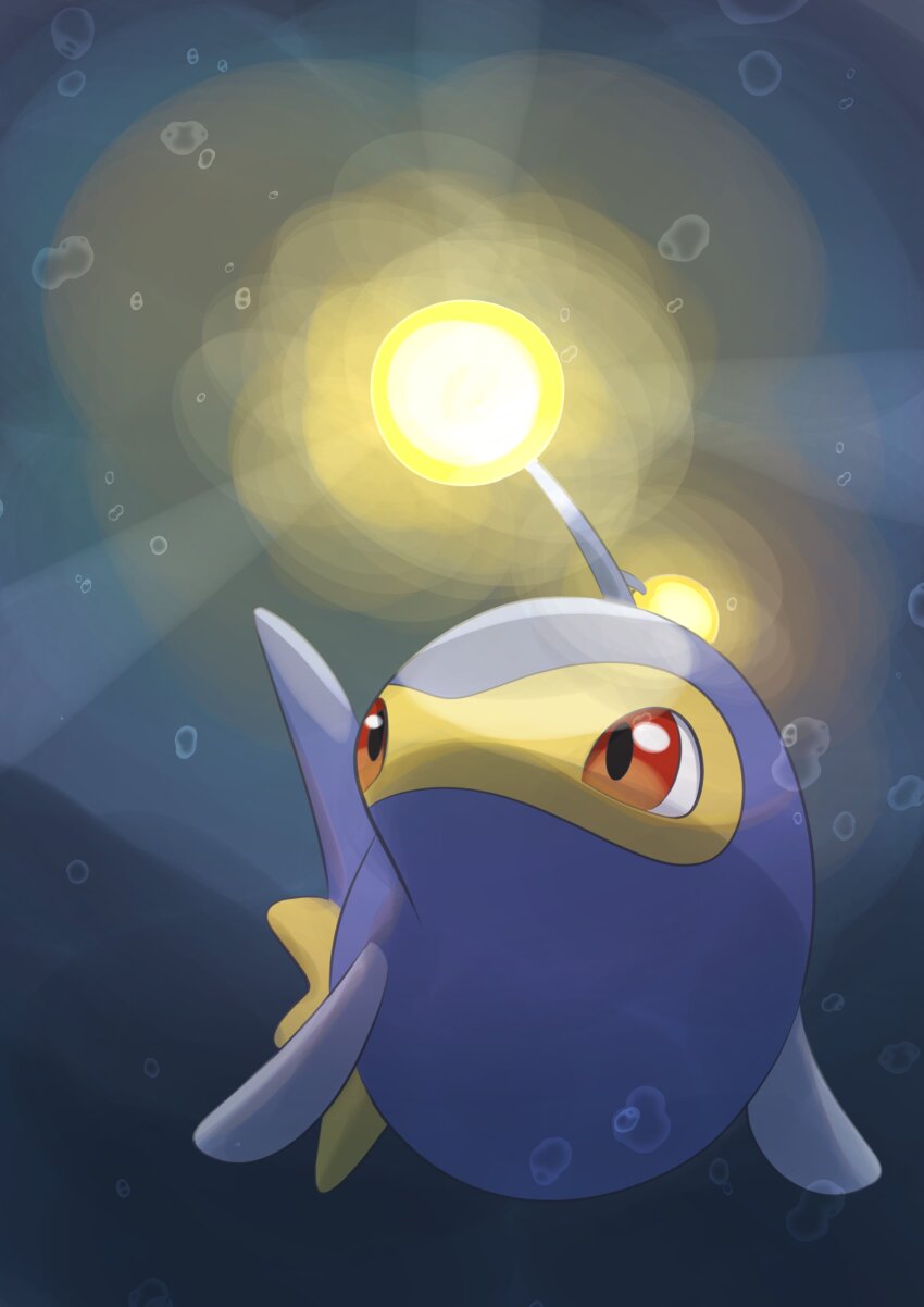 absurdres animal_focus antennae blue_skin bubble colored_skin commentary_request gen_2_pokemon glowing hatoro_kuroyoshi highres lanturn light nintendo no_humans pokemon pokemon_(creature) red_eyes underwater