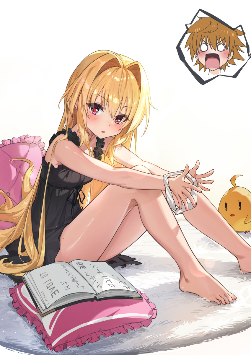 1boy 1girl :o absurdres azur_lane bare_legs barefoot black_dress blonde_hair book breasts brown_hair dress feet highres holding holding_panties holding_underwear holding_unworn_clothes konjiki_no_yami konjiki_no_yami_(pajama_status:on) legs long_hair manjuu_(azur_lane) open_book open_mouth panties pill red_eyes sleepwear small_breasts spoken_character to_love-ru to_love-ru_darkness toes underwear white_background white_panties yi_inm yuuki_rito