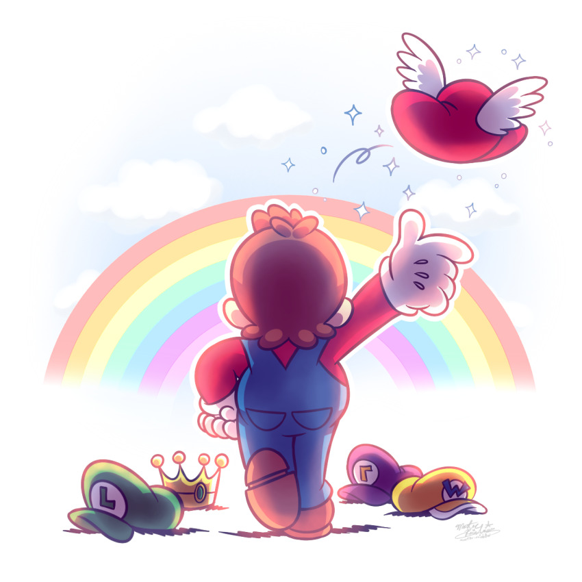 1boy blue_overalls brown_hair cloud commentary crown english_commentary gloves green_hat hand_on_own_hip hat highres luigi male_focus mario mario_(series) mast3r-rainb0w nintendo overalls purple_hat rainbow red_shirt shirt signature solo sparkle throwing throwing_hat unworn_crown unworn_hat unworn_headwear waluigi wario white_gloves wing_cap yellow_hat