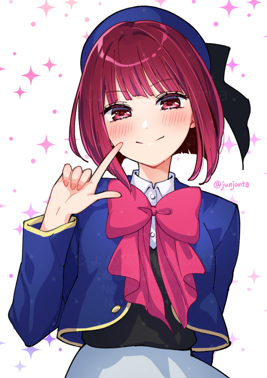 1girl arima_kana beret blue_hat crop_top hat highres junjonta long_sleeves looking_at_viewer open_clothes oshi_no_ko puffy_long_sleeves puffy_sleeves red_eyes red_hair school_uniform short_hair smile solo upper_body white_background youtou_high_school_uniform