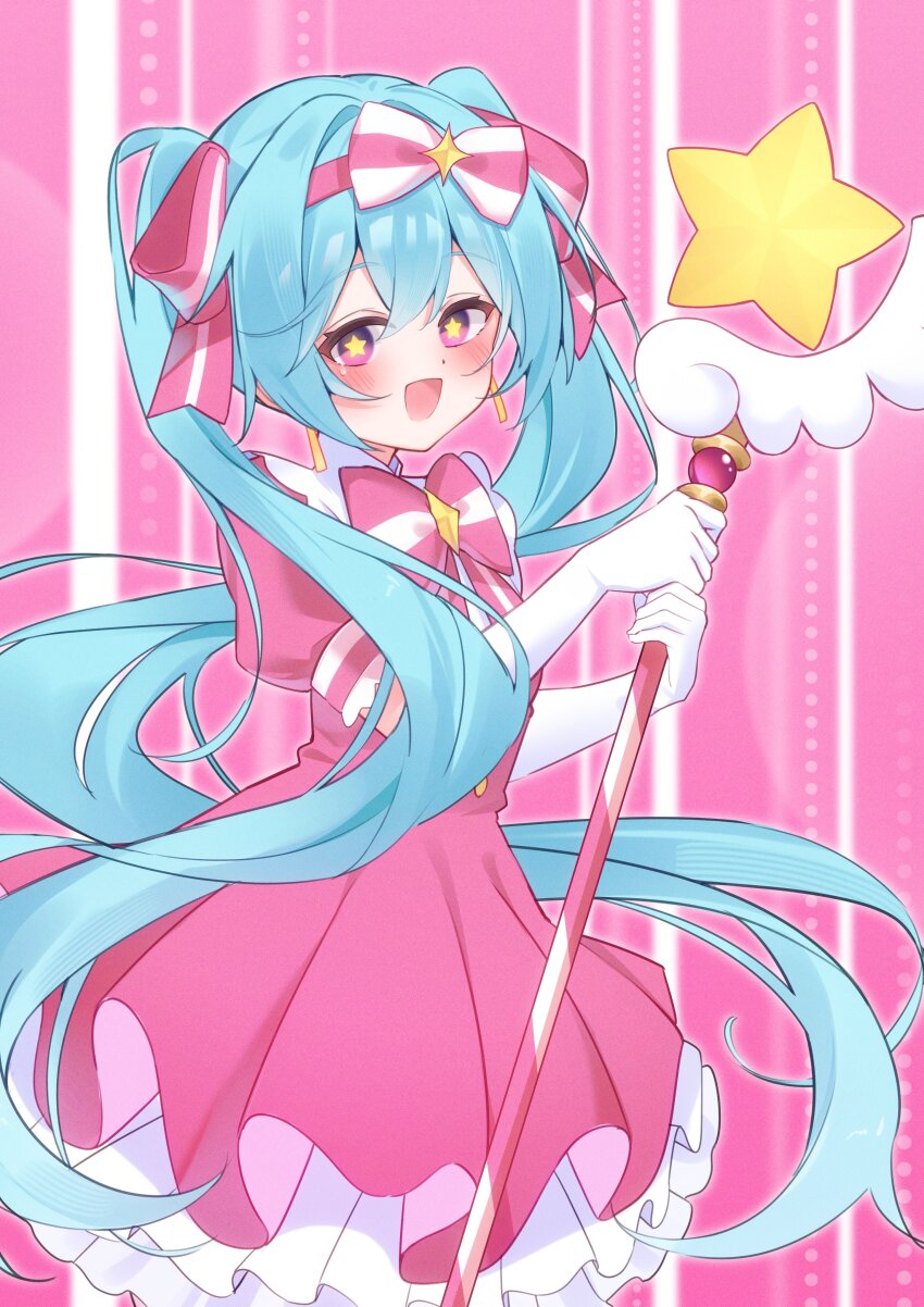 1girl absurdres aqua_eyes aqua_hair blush bow dress gloves hair_between_eyes hair_bow hair_ornament hair_ribbon hatsune_miku highres holding holding_wand ima_sugu_rinne_(vocaloid) long_hair looking_at_viewer magical_girl open_mouth pink_dress pink_ribbon puffy_short_sleeves puffy_sleeves ribbon ryaru_ryaru short_sleeves smile solo star-shaped_pupils star_(symbol) symbol-shaped_pupils twintails very_long_hair vocaloid wand white_gloves