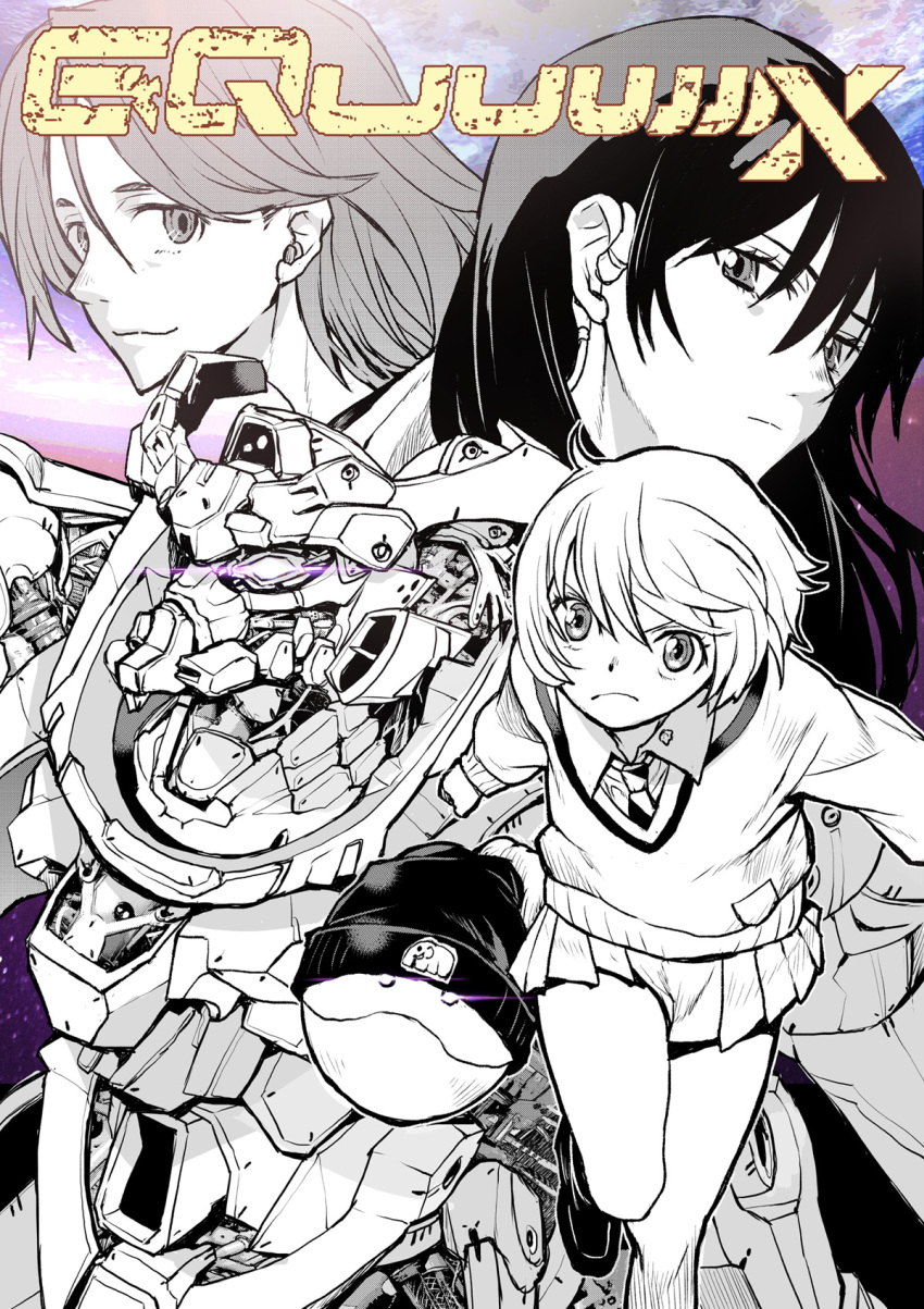 1boy 2girls amate_yuzuriha closed_mouth glowing glowing_eyes gquuuuuux gundam gundam_gquuuuuux haro hat highres long_hair long_sleeves looking_at_viewer mecha mecha_focus mobile_suit monochrome multiple_girls necktie nyaan_(gundam_gquuuuuux) robot school_uniform science_fiction shirt short_hair shuji_ito skirt smile sweater takuma_tomomasa v-fin