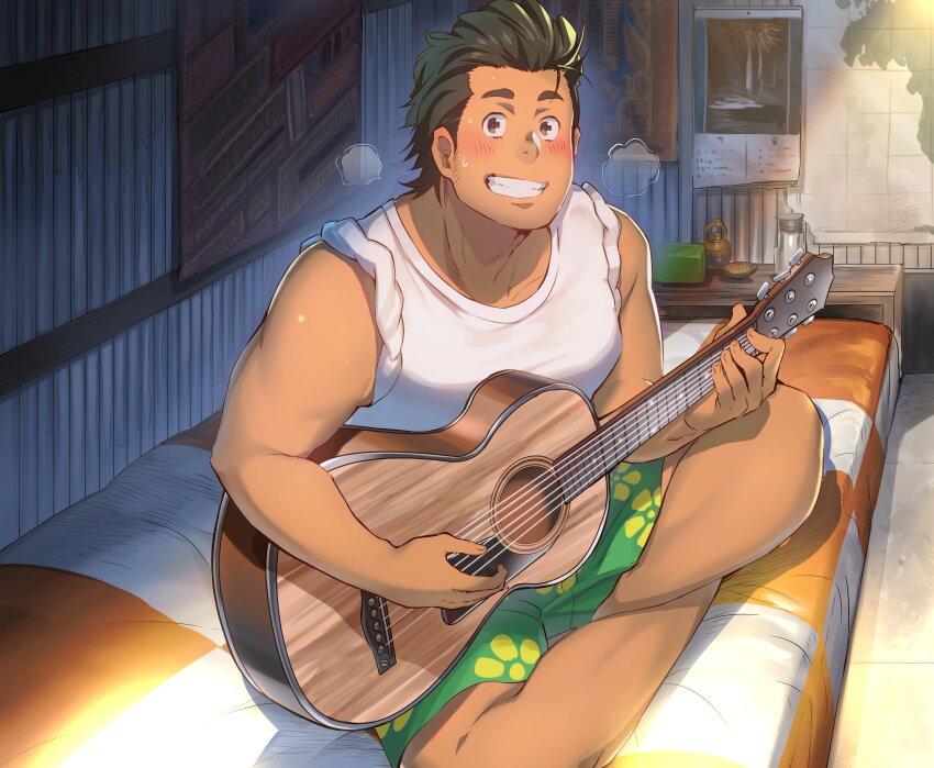 1boy absurdres acoustic_guitar ano_hi_mita_hana_no_namae_wo_bokutachi_wa_mada_shiranai. bara black_hair blush dark-skinned_male dark_skin facial_hair fai_(fai-storage) floral_print_shorts green_shorts grin guitar hair_slicked_back highres hisakawa_tetsudou indian_style indoors instrument looking_at_viewer male_focus on_bed shirt short_hair shorts sideburns_stubble sitting sleeves_rolled_up smile solo steaming_body stubble t-shirt thick_eyebrows white_shirt