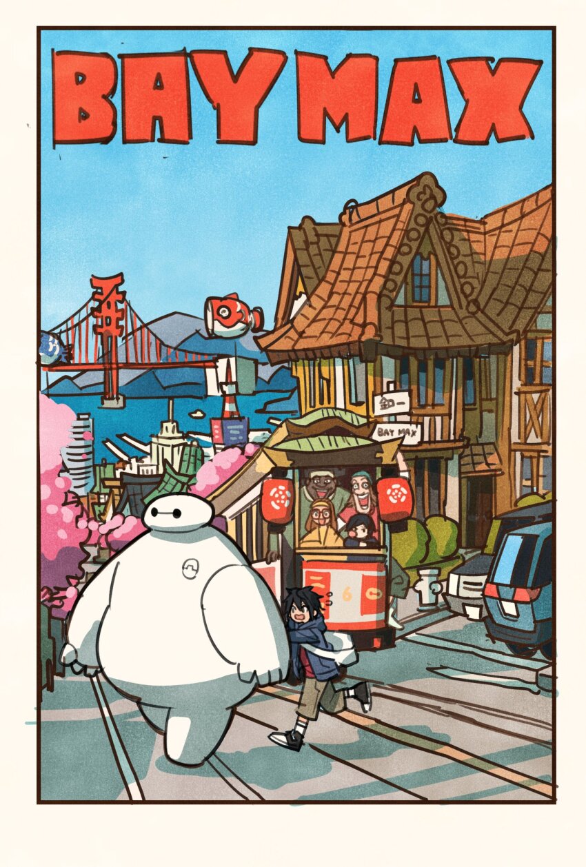 1other 2girls 3boys architecture backpack bag baymax big_hero_6 black_hair blue_hat blue_hoodie brown_hair brown_pants character_name cherry_blossoms dark-skinned_male dark_skin east_asian_architecture fred_(big_hero_6) full_body glasses gogo_tomago golden_gate_bridge hair_between_eyes hairband hat highres hiro_hamada honey_lemon hood hood_down hoodie lantern multiple_boys multiple_girls open_mouth pants red_shirt robot shirt shoes short_hair smile sneakers socks striped_clothes striped_socks takeuchi_ryousuke train wasabi-no-ginger white_bag yellow_hairband
