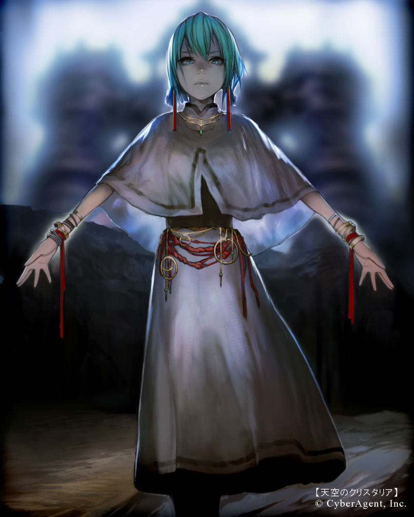 1girl bangle bracelet character_request earrings female_focus green_eyes green_hair highres jewelry lots_of_jewelry matching_hair/eyes necklace outstretched_arms ribbon rope shawl solo spread_arms takeyuki15 tenkuu_no_crystalia wrist_ribbon