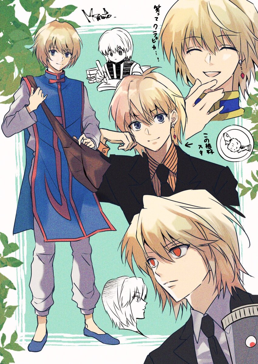 1other androgynous bag black_suit blonde_hair blue_tabard closed_eyes collage crystal_earrings disembodied_eye earrings eyeball formal_clothes full_body highres hunter_x_hunter jewelry kurapika long_sleeves looking_at_viewer minato_x3710 necktie profile red_eyes shirt short_hair shoulder_bag smile solo suit tabard upper_body white_shirt
