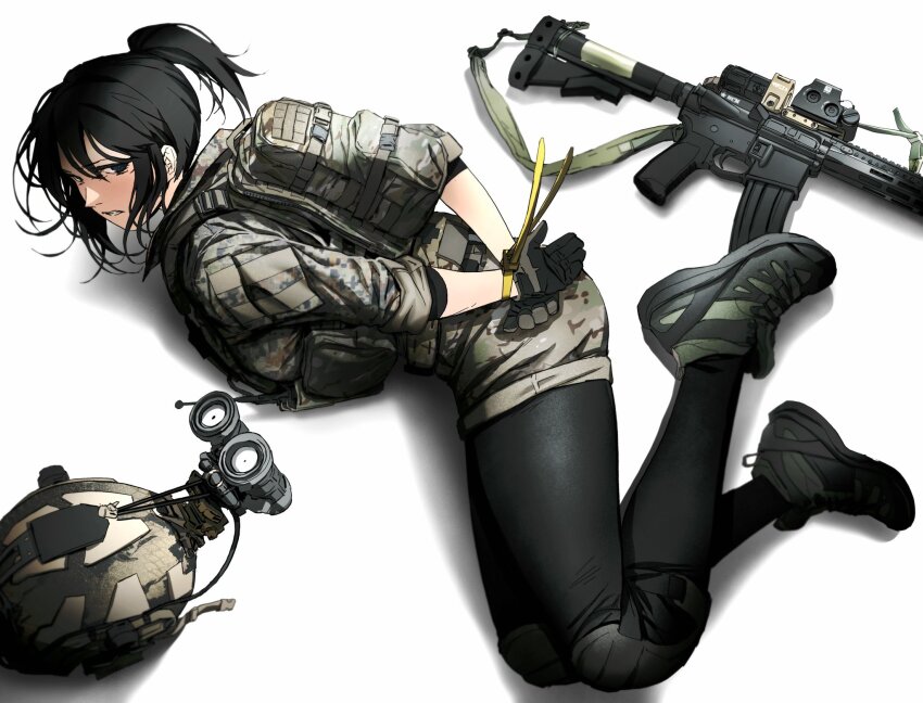 1girl ar-15 backpack bag black_eyes black_gloves black_hair black_pantyhose bulletproof_vest cable_tie camouflage camouflage_jacket clenched_teeth combat_helmet eotech fast_helmet gloves gun hair_between_eyes helmet highres jacket leggings looking_at_viewer lying maxturbo69 medium_hair night_vision_device on_side original pantyhose pantyhose_under_shorts ponytail restrained rifle shorts sidelocks simple_background teeth weapon white_background woodland_camouflage