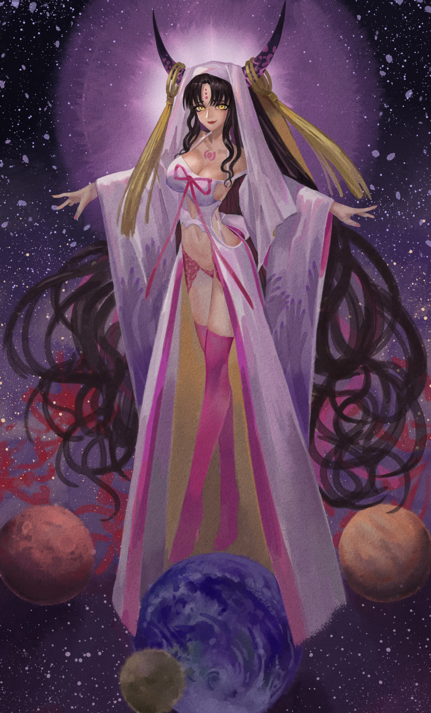 absurdres babydoll breasts chest_tattoo cleavage facial_mark fate/grand_order fate_(series) forehead_mark highres horn_ornament horn_ring horns iamc95 pink_babydoll pink_horns sessyoin_kiara sessyoin_kiara_(heaven&#039;s_hole) sessyoin_kiara_(third_ascension) tattoo thighhighs