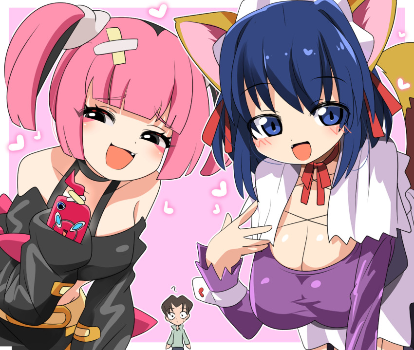 1boy 2girls :d ? animal_ears black_eyes black_shirt blue_eyes blue_hair blunt_bangs blush breasts capelet cat_ears cat_girl cat_tail cleavage commentary_request coral_(pokemon) crossed_bandaids crossover fang gen_4_pokemon heart kokubunji_koyori large_breasts leaning_forward lets0020 long_sleeves looking_at_viewer meitantei_conan mesugaki multiple_crossover multiple_girls nintendo nurse_witch_komugi-chan ootani_ikue open_mouth pink_background pink_hair pokemon pokemon_(anime) pokemon_horizons purple_shirt rotom rotom_phone shirt short_hair smile tail tsuburaya_mitsuhiko upper_body voice_actor_connection white_capelet