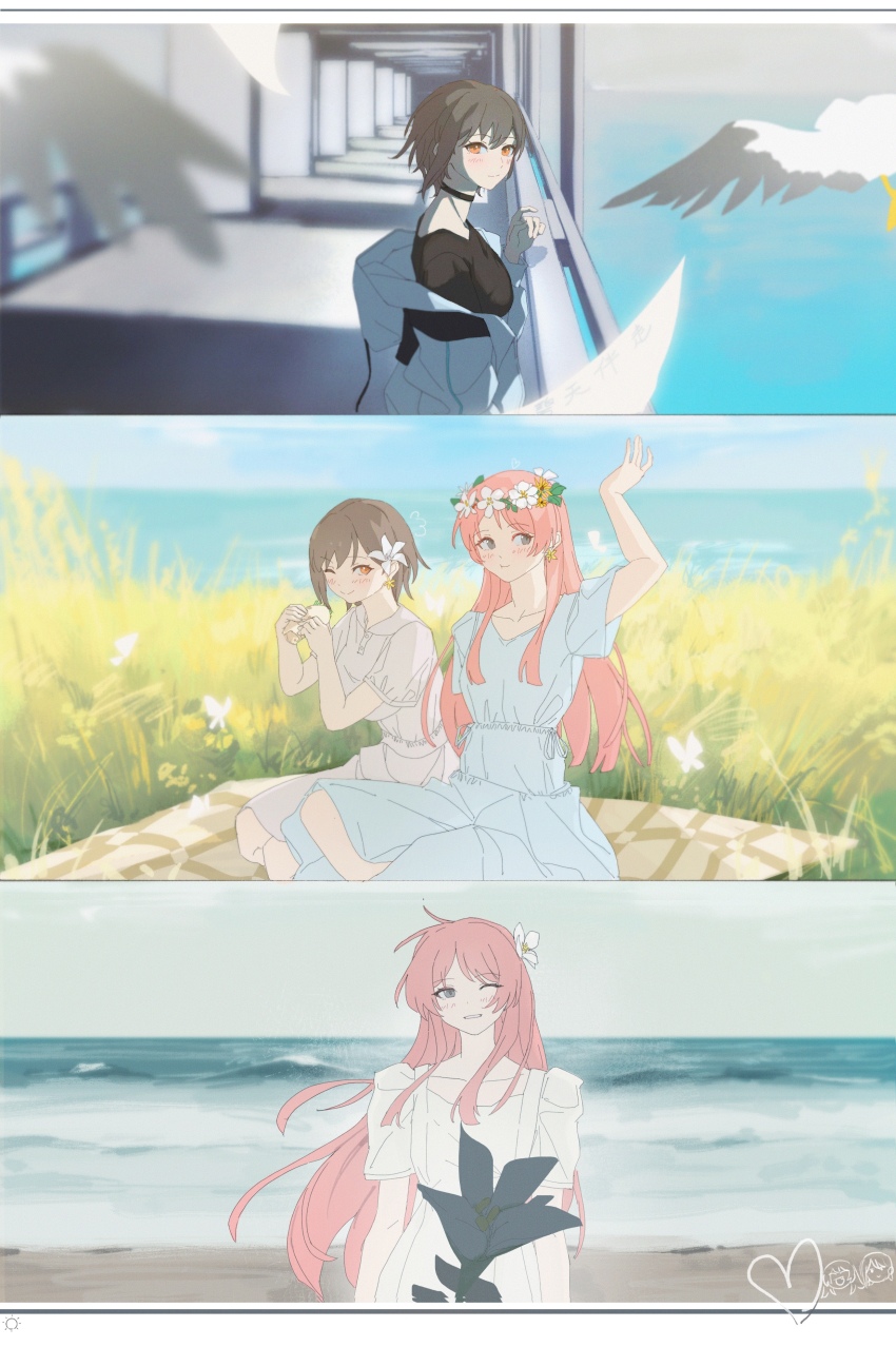 2girls absurdres bang_dream! bang_dream!_it&#039;s_mygo!!!!! beach bird black_choker black_shirt blush breasts brh brown_eyes chihaya_anon choker closed_mouth day dress earrings eating flower grass grey_eyes grey_hair hair_flower hair_ornament heart highres jacket jewelry long_hair looking_at_viewer medium_breasts multiple_girls ocean off_shoulder one-eyed one_eye_closed outdoors pink_hair shirt short_hair short_sleeves sitting takamatsu_tomori white_dress white_jacket