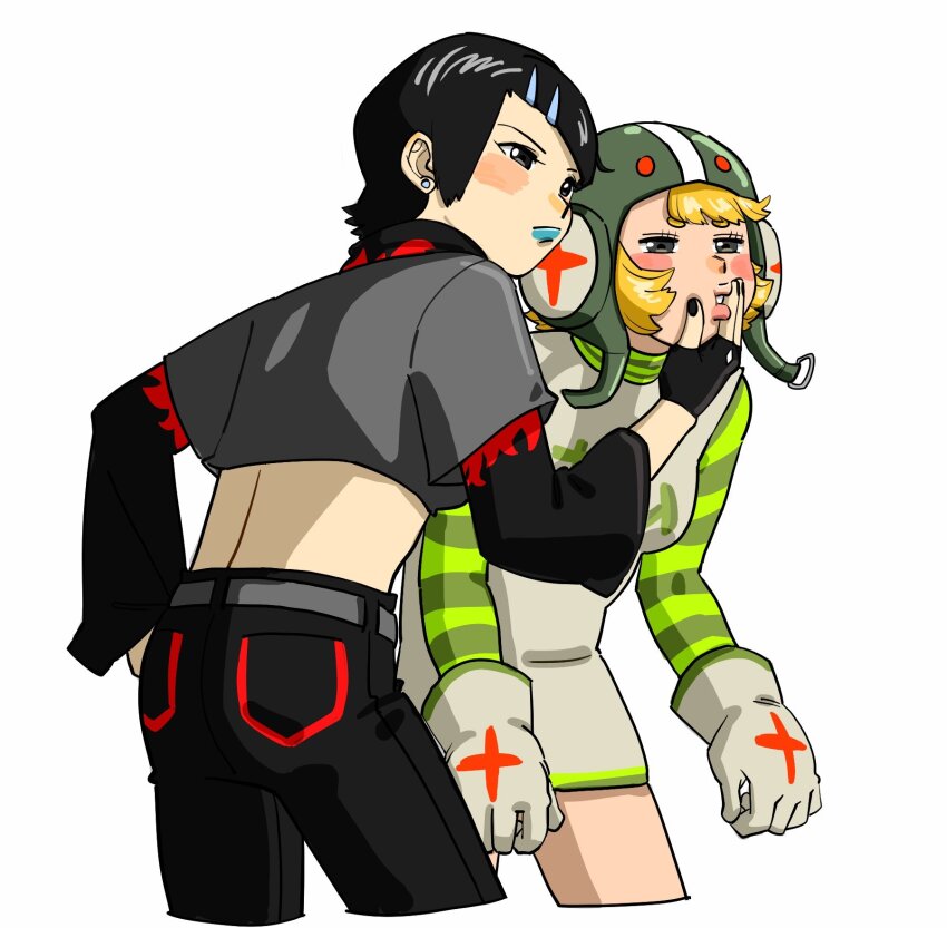 2girls black_eyes black_gloves black_hair black_nails blonde_hair blue_lips blush crop_top cube_(jsr) dress earrings fingerless_gloves flame_print gloves green_headwear gum_(jsr) hair_ornament hand_on_own_hip hands_on_another&#039;s_face headphones helmet highres jet_set_radio jewelry layered_clothes layered_shirt layered_sleeves long_sleeves multiple_girls short_over_long_sleeves short_sleeves star_(symbol) striped_sleeves stud_earrings swept_bangs vol2pencil white_gloves y2k_fashion